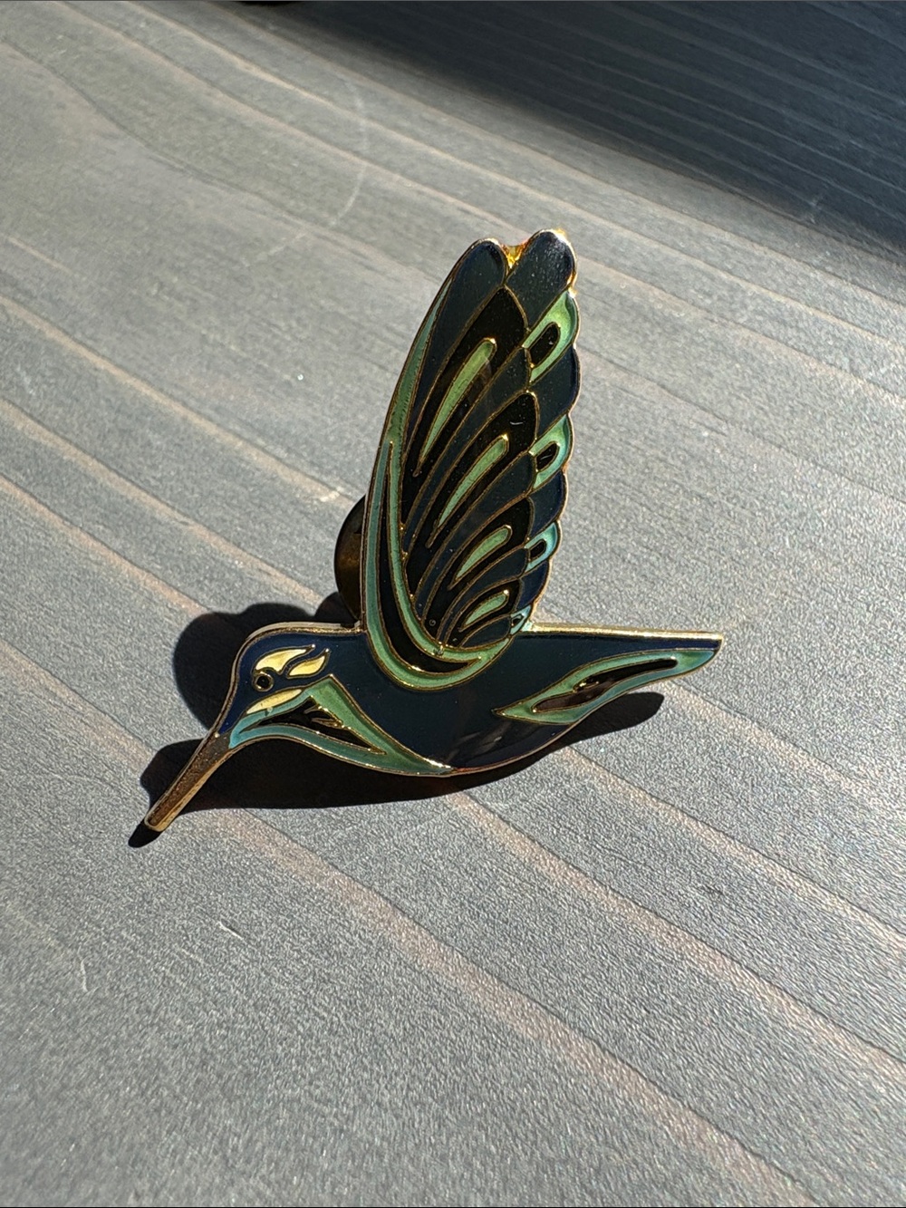 Vintage Enamel Hummingbird Pin - Black and Green